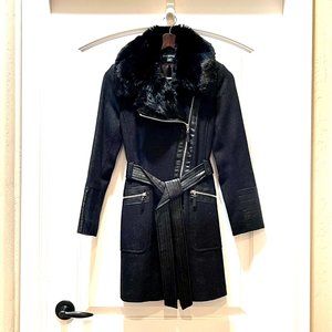 New Via Spiga Coat Petite 4P Black Tweed Fur Collar Leather Asymmetric Zip Wool